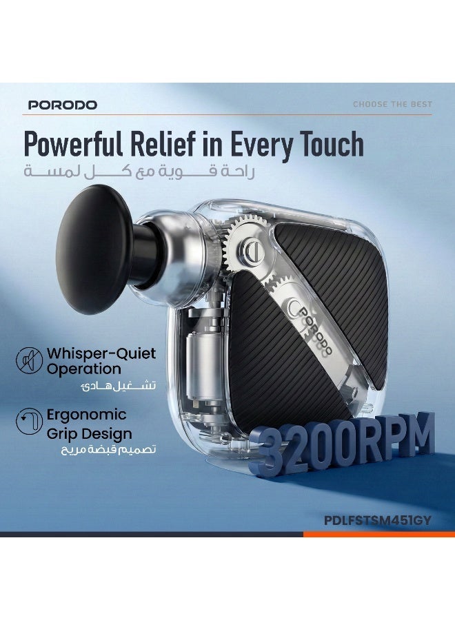 porodo Lifestyle Pocket Sized Muscle Relief Massager, Portable Pain Relief Massager with 3x Massage Heads / Up to 3200RPM Motor Speed / Timer Function / 4x Adjustable Speed Settings / USB-C Charging / Ergonomic Grip Design - Gray - Image 2